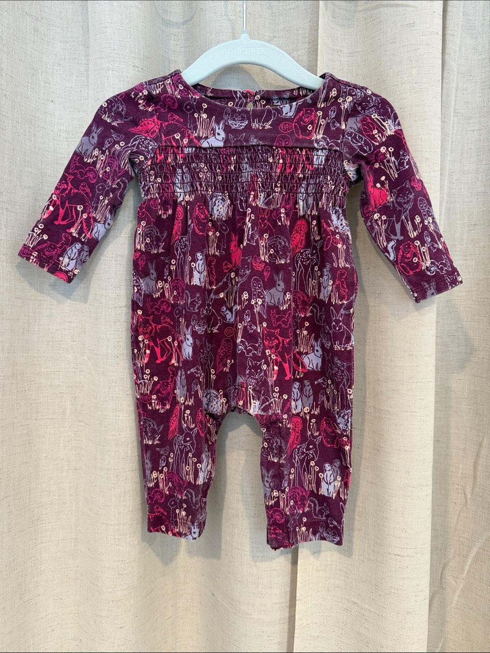 Tea Collection Smocked Long-Sleeve One-Piece in Plum Animal Print Cotton 0-3mos